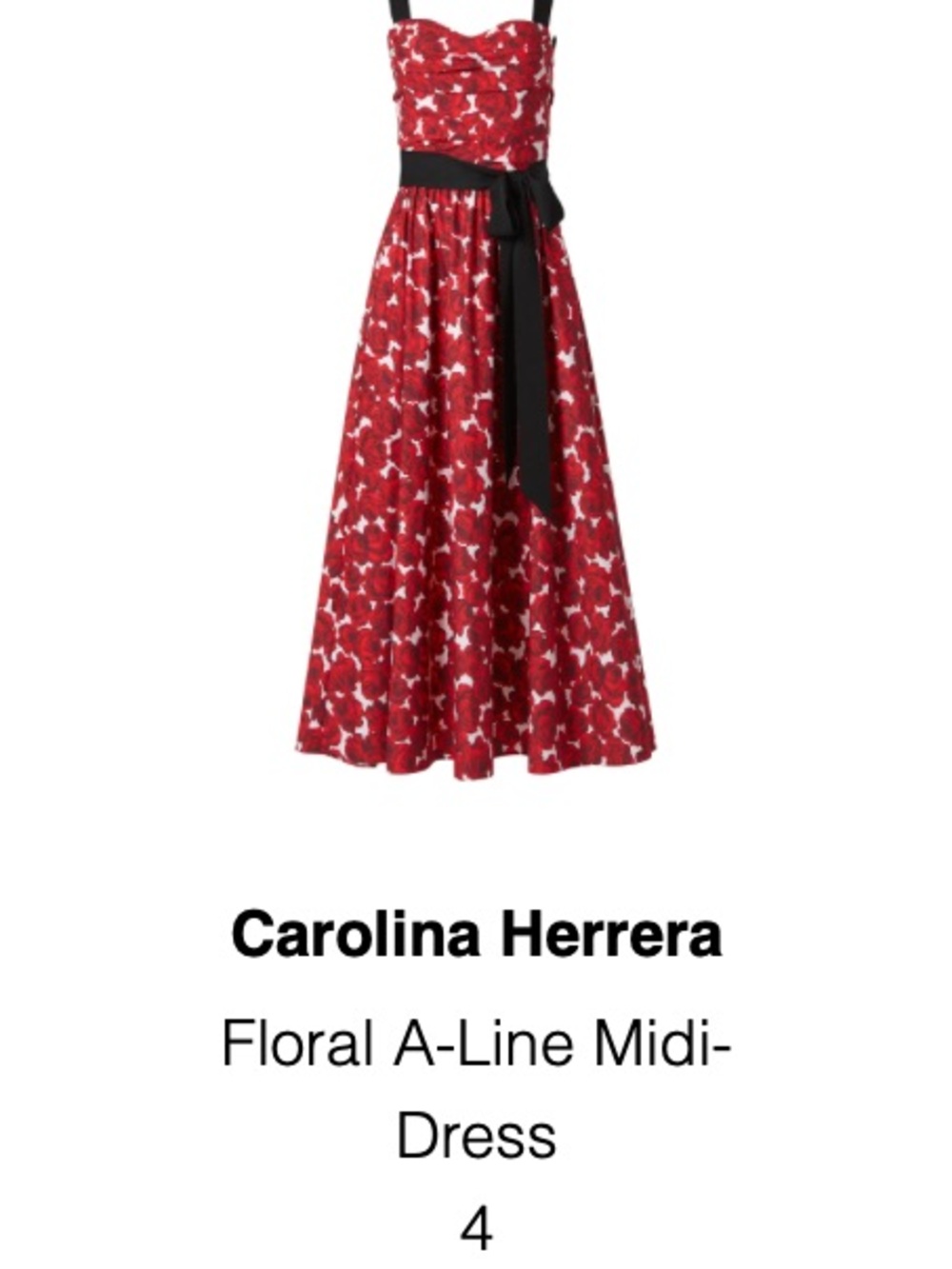Carolina Herrera Red Floral Sweetheart A-Line Midi Dress w/Black Straps- Size 4
